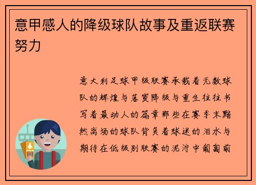 意甲感人的降级球队故事及重返联赛努力