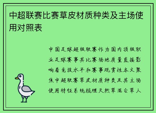 中超联赛比赛草皮材质种类及主场使用对照表