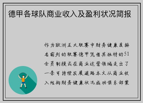 德甲各球队商业收入及盈利状况简报